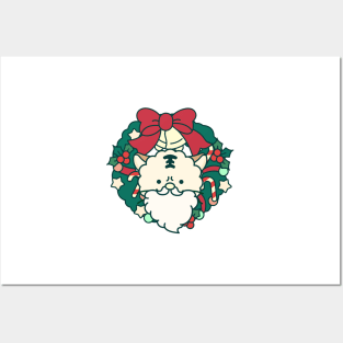 Christmas wreath and cat Santa Posters and Art